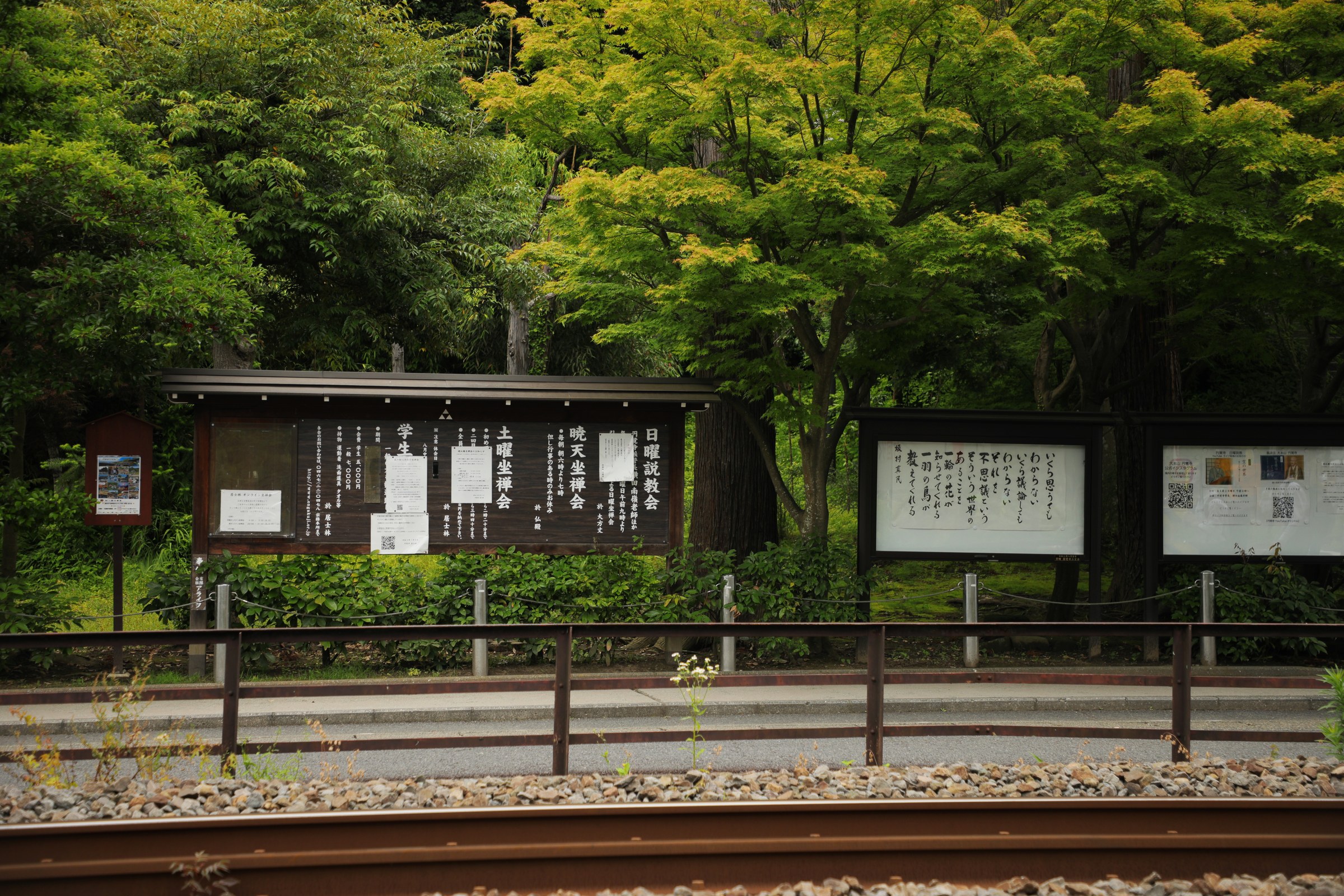 Green foliage and temple noticeboards viewed from a railway platform